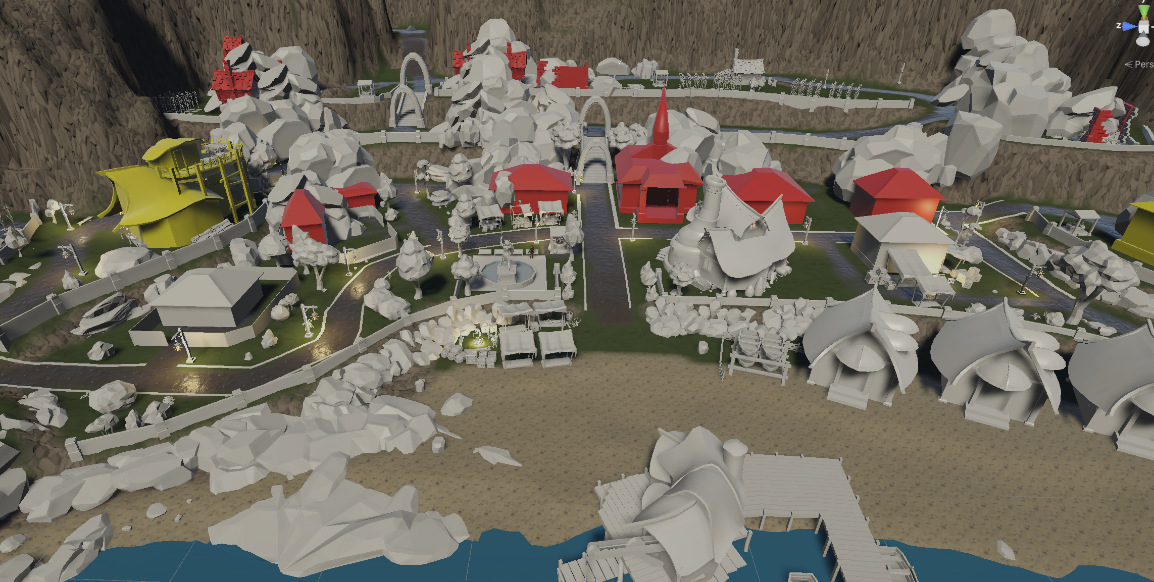 A birds-eye view of a blockout for town.