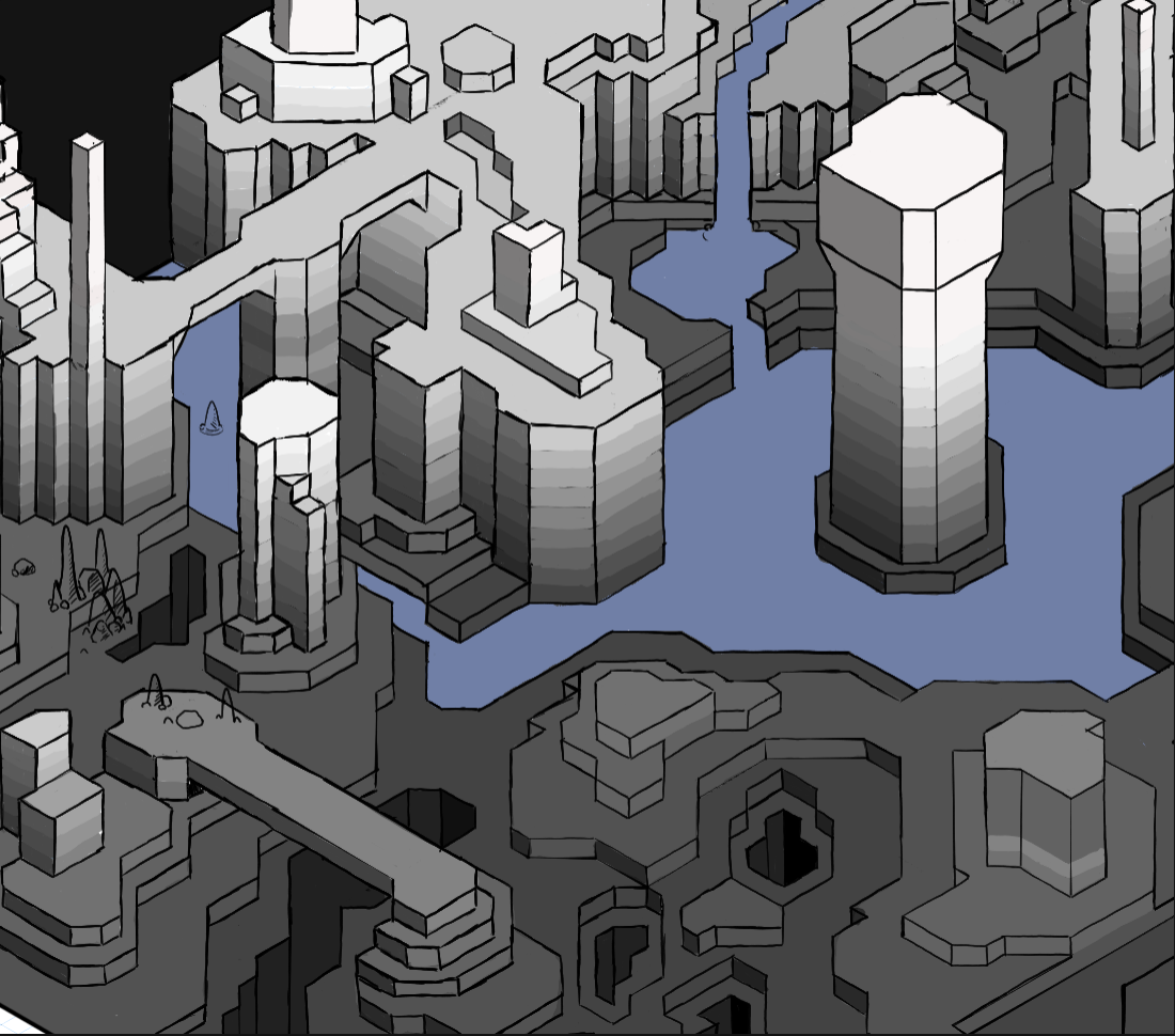 An isometric mockup for one of the cavern components.